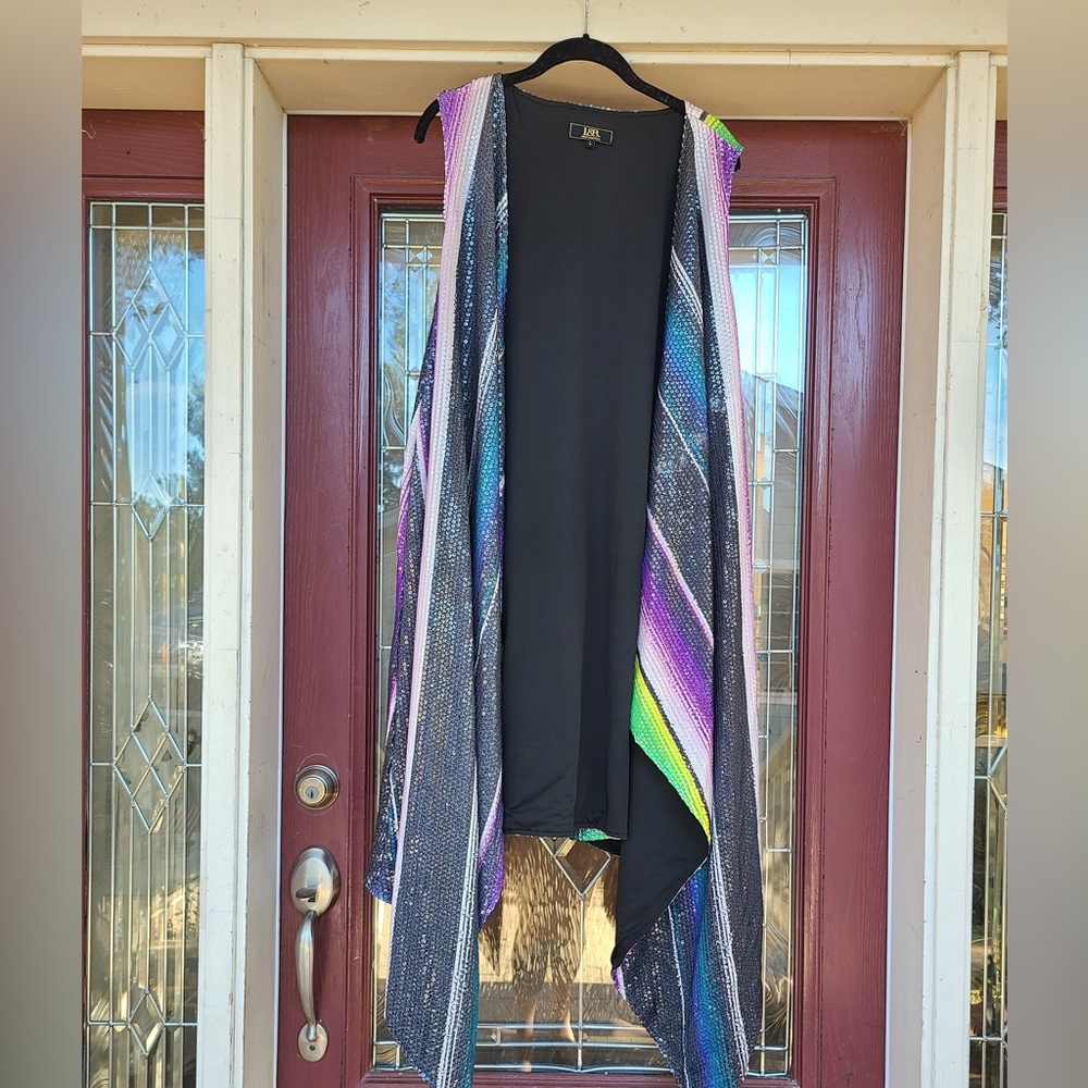 L&B Lucky and Blessed Sleeveless Black Mult Sequin Long Duster Cardigan top larg